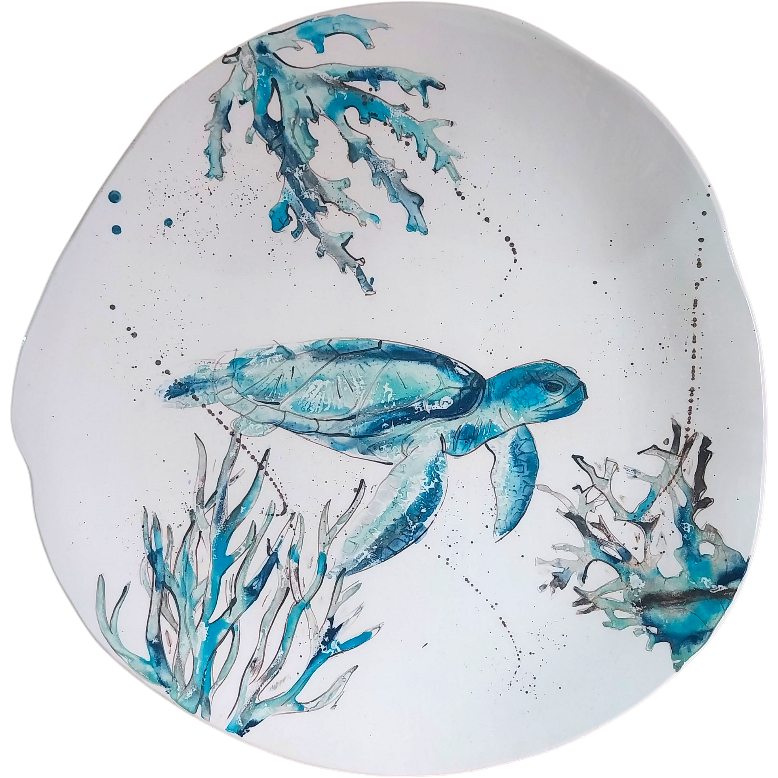 Plato irregular con diseño de tortuga marina y corales