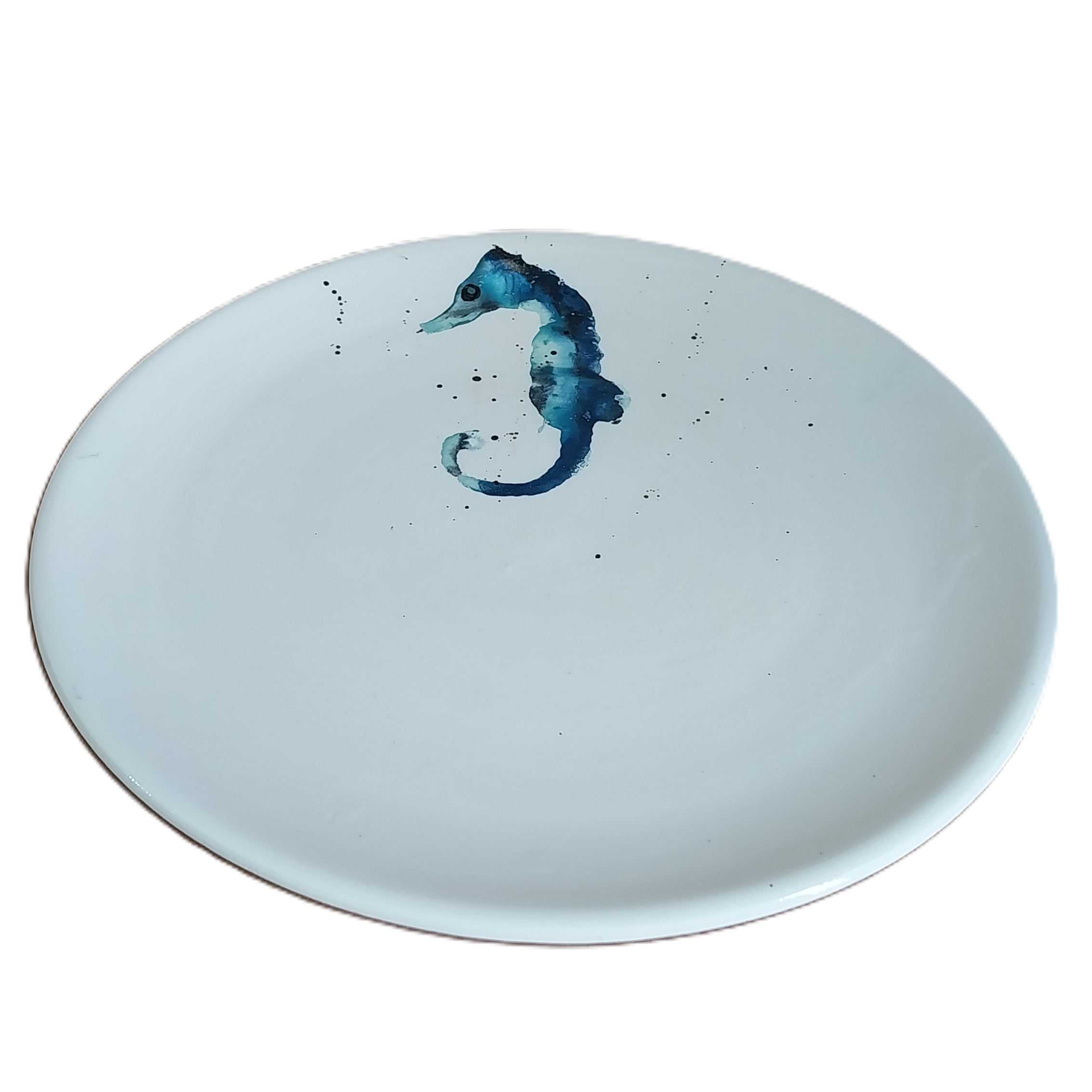 Plat pla de ceràmica amb disseny de cavallet de mar blau