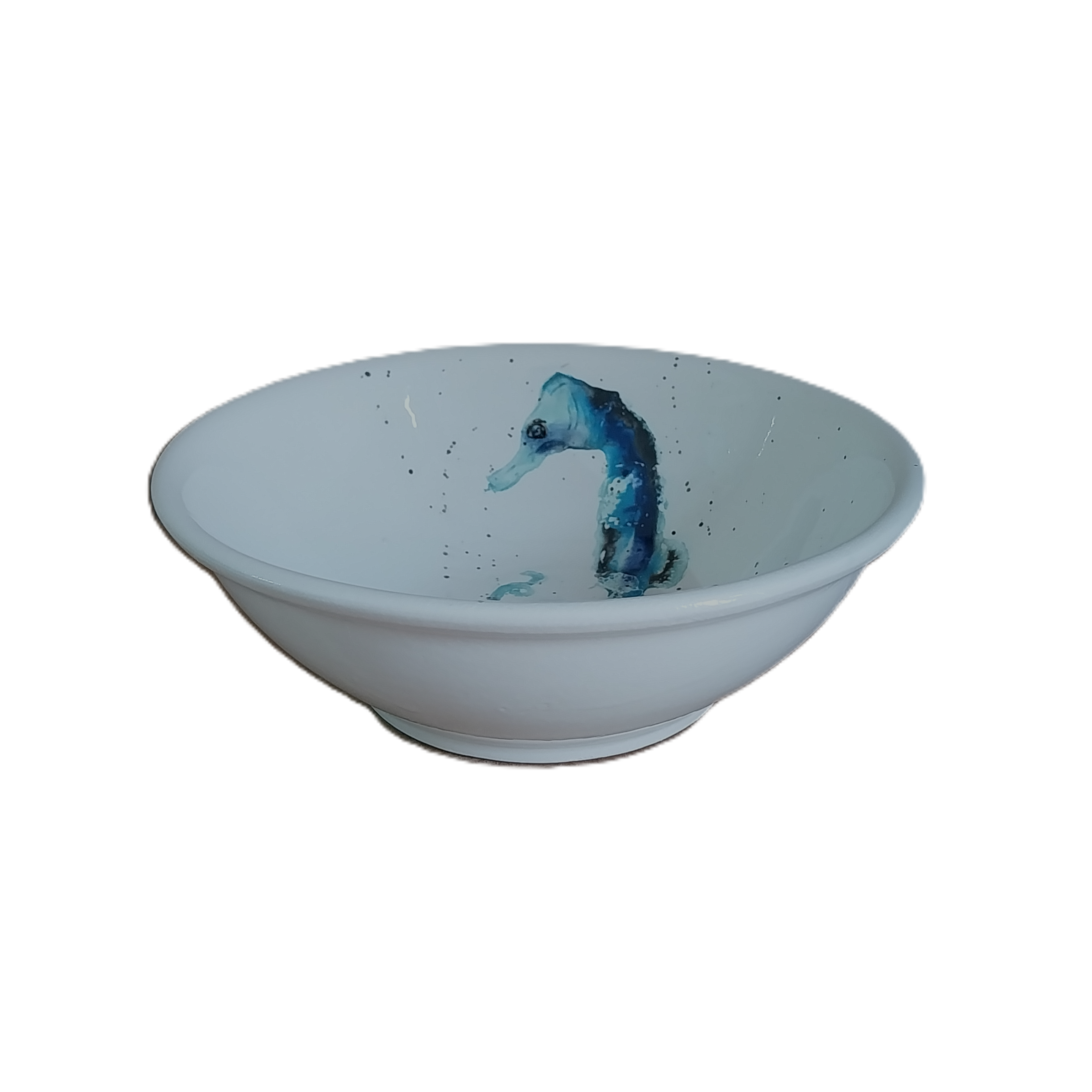 Plat fondo de ceràmica amb disseny de cavallet de mar blau